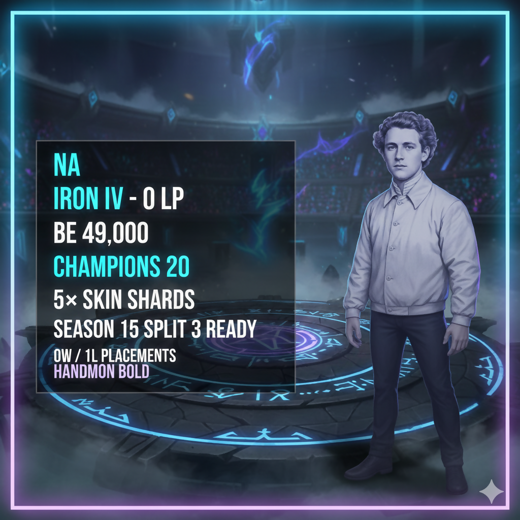 🌺 Secure 🌺 Season 15 🌺 NA 🌺 IRON IV 0LP 🌺 BE 49,000 🌺 Champions 20 🌺 5x Skin Shards 🌺 0W/ 1L Placements 🌺 North America 🌺 Season 15 Split 3 Ready 🌺 Handmade 🌺 #DSdQwX
