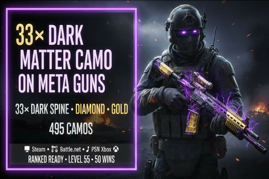 ✳️ Cheapest ✳️ BO6 / Warzone ✳️ 33x Dark Matter Camo on META GUNS ✳️ 33x ( Dark Spine , Diamond , Gold ) ✳️ 495 Camos ✳️ Ranked Ready ✳️ Level 55 ✳️ 50 Wins ✳️ Steam , Battle Net , PSN , XBOX #R4gOwB