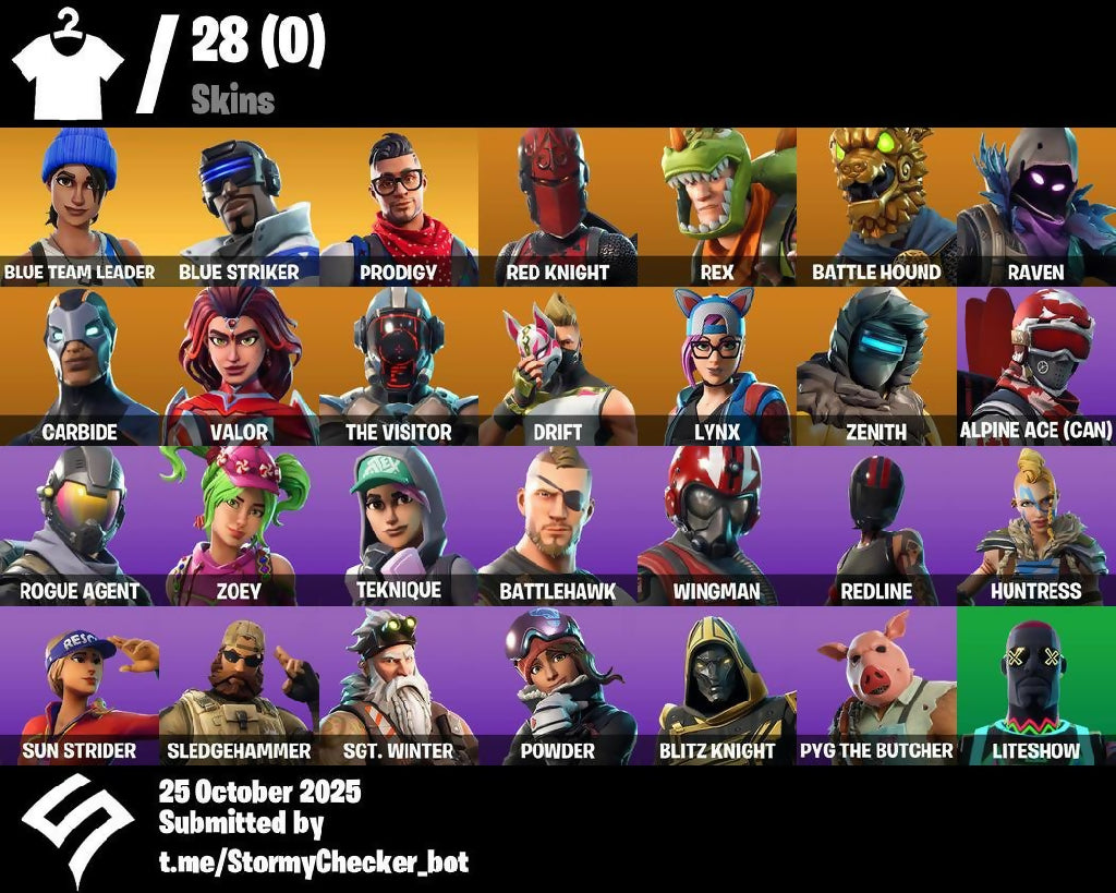 [PC/XBL/PSN]?28 Skins?Blue Team Leader?Blue Striker?Prodigy?Blitz Knight?Pig the Butcher?Default Pickaxe?Outlaw's Whipknives?Storm's Maw?BRSeason1?200 VB