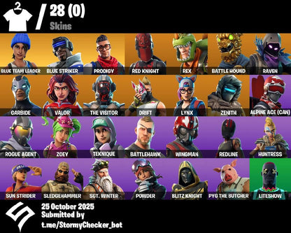 [PC/XBL/PSN]?28 Skins?Blue Team Leader?Blue Striker?Prodigy?Blitz Knight?Pig the Butcher?Default Pickaxe?Outlaw's Whipknives?Storm's Maw?BRSeason1?200 VB