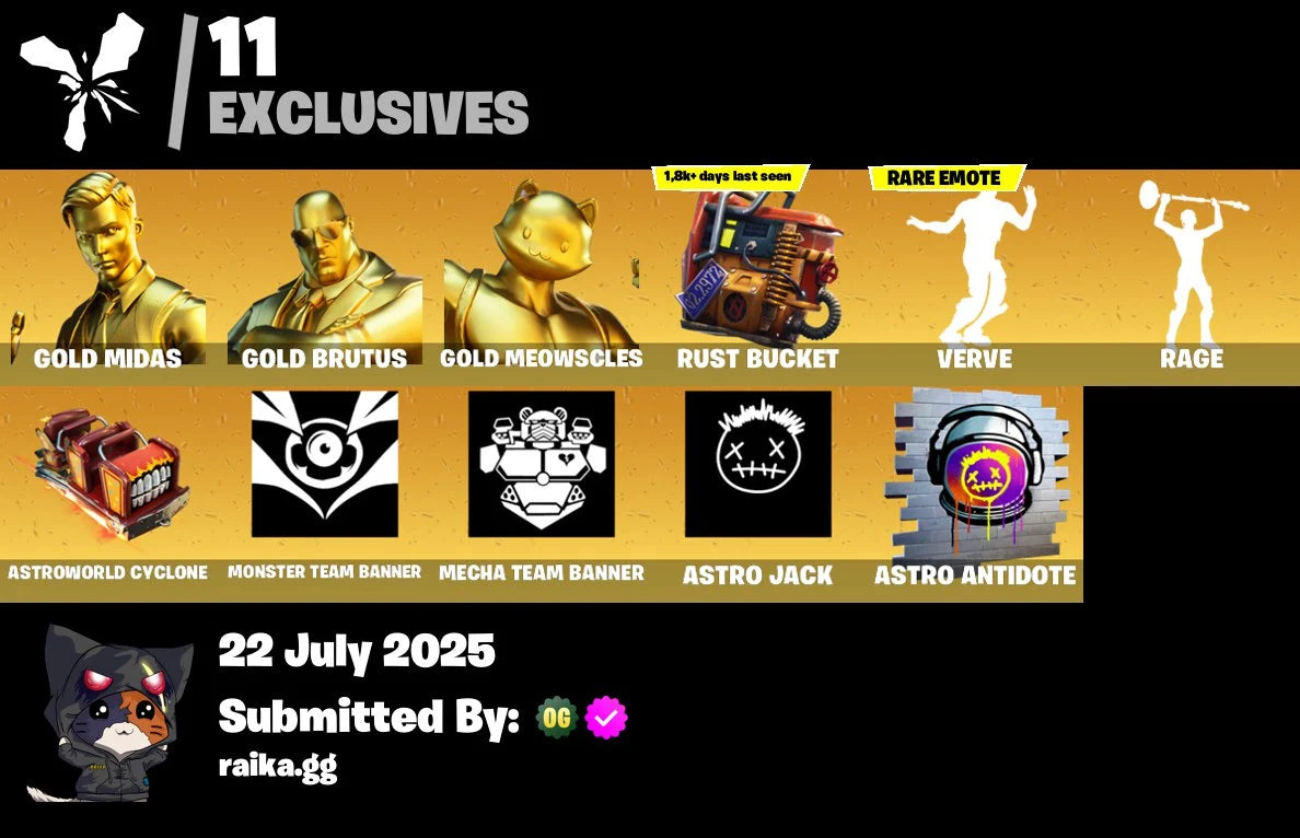 [PC/PSN/XBOX] 108 skins | Gold Midas | Gold Brutus | Gold Meowscles | Rust Bucket | Verve | Rage | Astroworld Cyclone | Monster Team Banner | 1100 VB