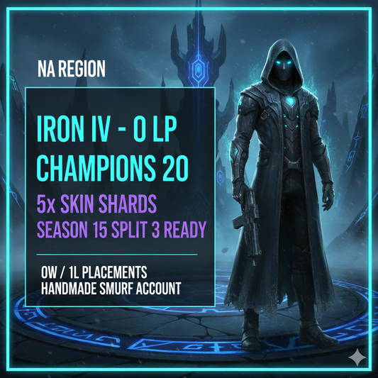 💝 Season 15 💝 NA 💝 IRON IV 0LP 💝 BE 49,000 💝 Champions 20 💝 5x Skin Shards 💝 0W/ 1L Placements 💝 North America 💝 Season 15 Split 3 Ready 💝 Handmade 💝 #VM17dU