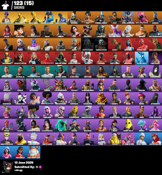? 124 SKINS ? Blue Team Leader ✨ Gold Midas ? Gold Brutus ✨ Cloud Striker ? Blue Striker ✨ Eternal Knight ? Ronin ✨ Kymera ✨ Menace ? 1050 VB