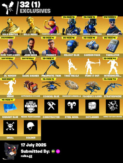 ? 59 skins ? OG STW | Gold Brutus | Fishstick (World Cup) | Gold Midas | Trilogy | Carbon Commando