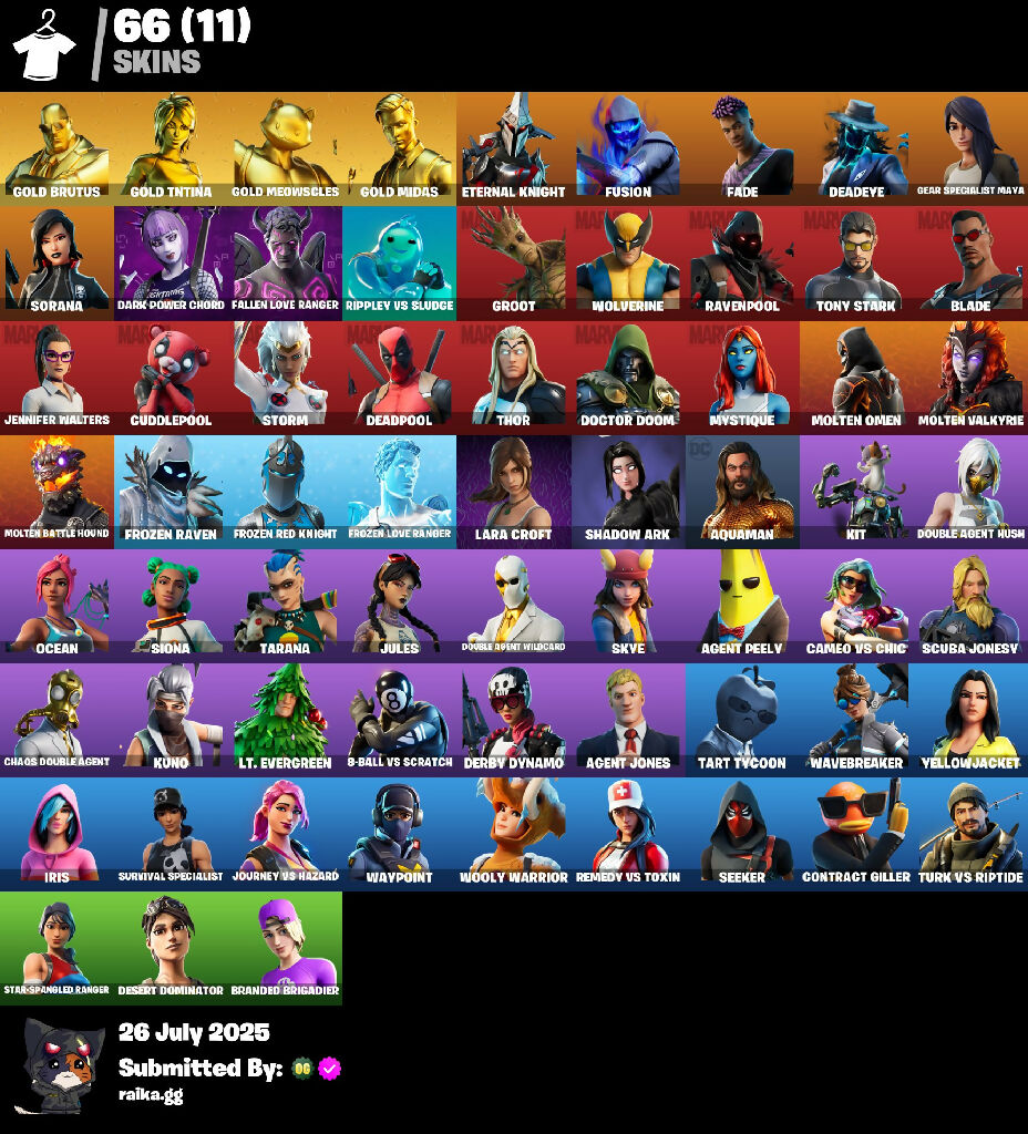 ? 66 skins | Gold TNTina | Gold Meowscles | Gold Brutus | Gold Midas | Eternal Knight | Gear Specialist Maya