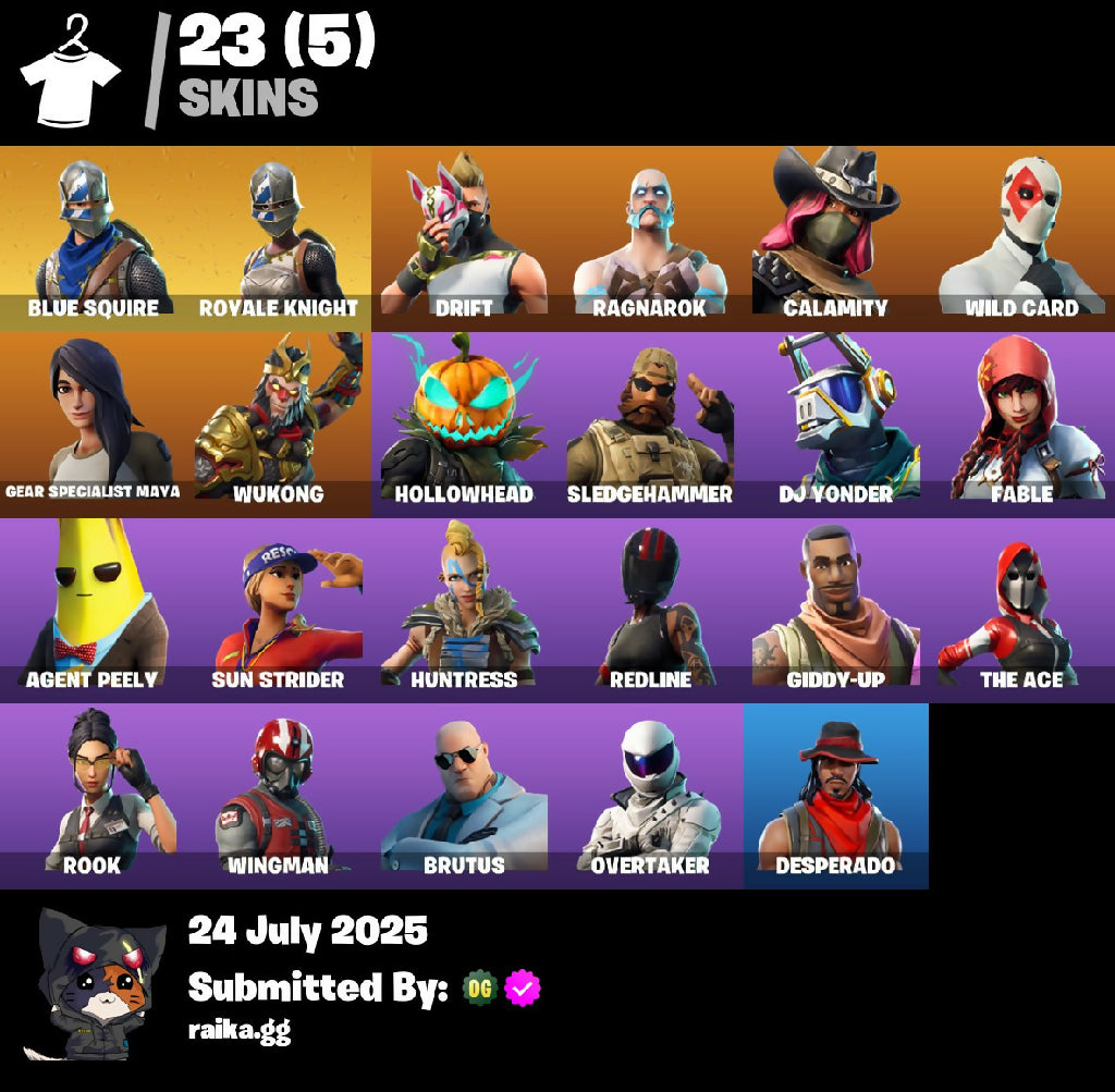 24 skins | Blue Squire | Royale Knight | Drift | Ragnarok | Calamity | Wild Card | Gear Specialist Maya | Wukong | Hollowhead | Sledgehammer | 450 VB