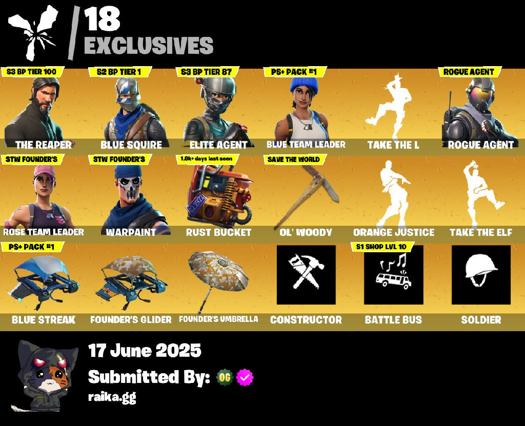 [PC/PSN/XBOX] 25 skins | OG STW | The Reaper | Blue Squire | Elite Agent | Blue Team Leader | Take The L | Rogue Agent | Lynx | Carbide | Dark Voyager | Wukong | 0 VB