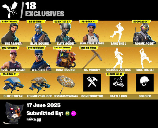 [PC/PSN/XBOX] 25 skins | OG STW | The Reaper | Blue Squire | Elite Agent | Blue Team Leader | Take The L | Rogue Agent | Lynx | Carbide | Dark Voyager | Wukong | 0 VB