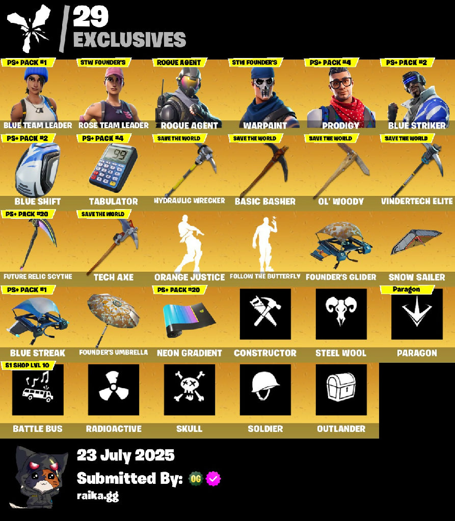 [PC/XBOX/NINTENDO] 29 skins | OG STW | Blue Team Leader | Rogue Agent | Prodigy | Blue Striker | Valor | The Visitor | Carbide | Omega | The Imagined | Drift