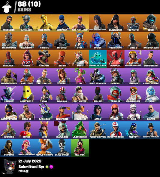 [PC/PSN/XBOX] ✨ 68 skins ✨ OG STW ✨ The Reaper ✨ Elite Agent ✨ Take The L ✨ Gold Midas ✨ Gear Specialist Maya ✨ Blackheart ✨ The Visitor ✨Zenith ✨ The Prisoner ✨ 1400 VB
