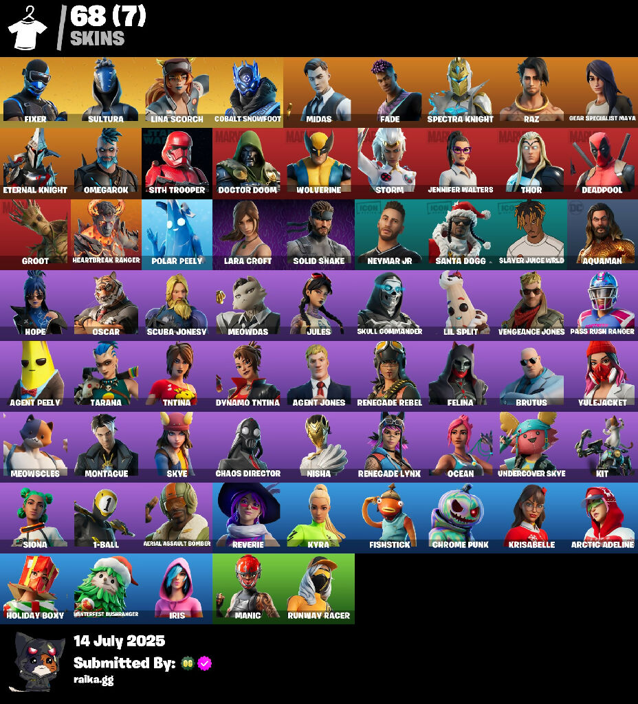 {PC/XBOX/NINTENDO} 68 skins | Fixer | Sultura | Lina Scorch | Cobalt Snowfoot | Midas | Fade | Spectra Knight | Raz | Gear Specialist Maya