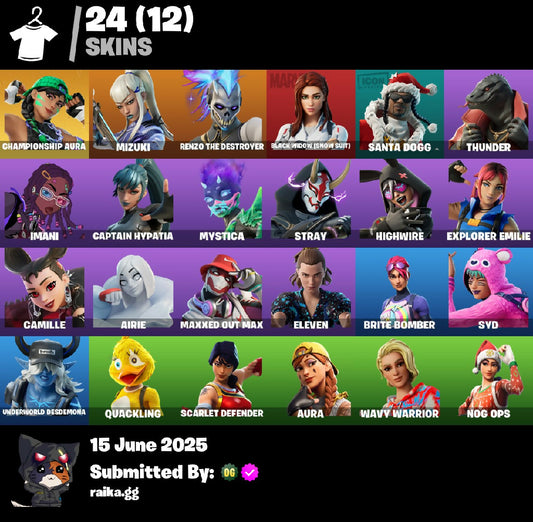 24 skins | Championship Aura | Mizuki | Renzo the Destroyer | Black Widow (Snow Suit) | Santa Dogg | Thunder | Imani | Captain Hypatia | 200 VB