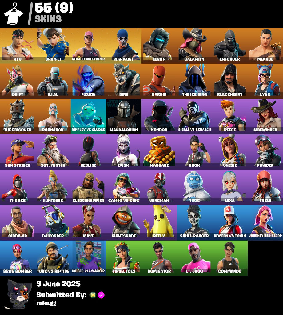?[XBOX/NINTENDO/PC]? 55 skins ? OG STW ? Ryu ? Chun-Li ? Lynx ? Calamity ? Ragnarok ? Zenith ? Blackheart ? Dire ? Enforcer ? Drift ? The Prisoner ? Menace ? Fusion ? 100 VB
