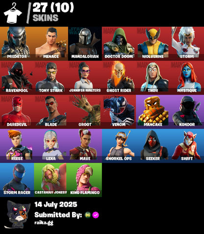 ?[PC/PSN/XBOX]? 27 skins ⚡ Predator | Menace | Mandalorian | Doctor Doom | Wolverine | Storm | Ravenpool | Tony Stark | Jennifer Walters | Ghost Rider | Thor | 150 VB